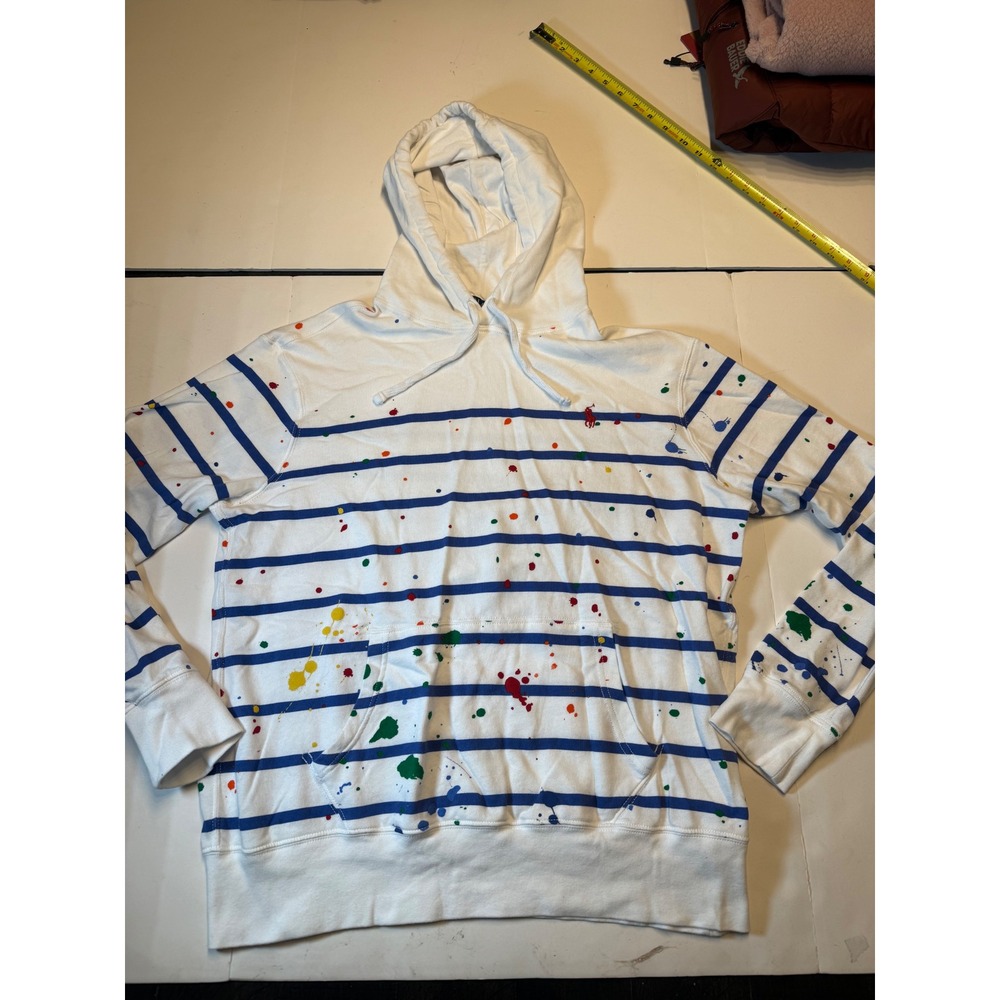 Polo Ralph Lauren Mens White Blue Striped Paint Splatter Hoodie Large L